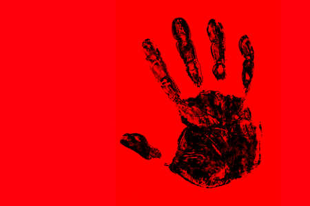 Protest symbol background. Stop hand silhouette. Black hand isolated on red. Warning background. Palm hand paint stamp.の写真素材