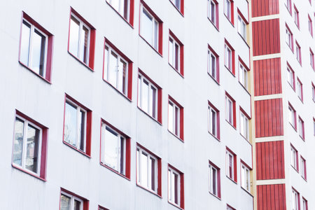 Bialystok city in Poland architecture background. High block of flats skyscraper living area. Old...
