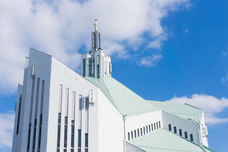 Blessed Virgin Mary church in Bialystok city in Poland. White catherdal building. Blue cloudy sky...