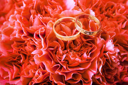 Bride wedding bouquet. Golden rings on top of flower background. Ceremony jewelry symbol of love. Boho rustic wedding details background. Red flowers wedding day.の写真素材