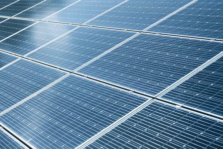 Solar panel texture. Environmental technology. Green eco power supply background. Electrical cell generating current. Renewable sources of energy. Photovoltaic panels pattern.の写真素材