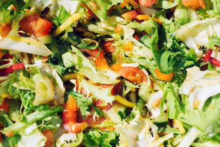 Healthy green salad background. Fit dinner texture. Raw vegetables mix. Closeup of salad in bowl. Summer lunch background.の写真素材