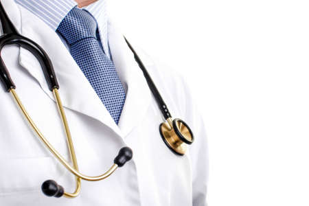 Cardiologist doctor with stethoscope on his neck. Empty copy space health background.の写真素材