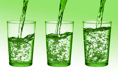Pouring water into glass on green background. 3D illustration.