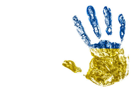 Handprint with flag of Ukraine on white background, stop war conceptの写真素材