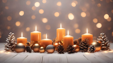 Beautiful Christmas decoration with candle lights and classical ornamentsの素材