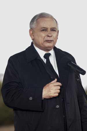 Gryfino, Poland-May 14, 2014 Portrait of former polish prime minister Jaroslaw Kaczynski, leader of right-wing, conservative party Law and Justice  PiS  のeditorial素材