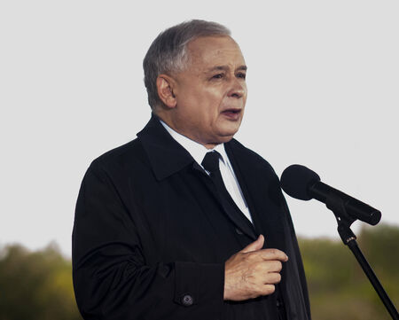 Gryfino, Poland-May 14, 2014 Portrait of former polish prime minister Jaroslaw Kaczynski, leader of right-wing, conservative party Law and Justice  PiS  のeditorial素材