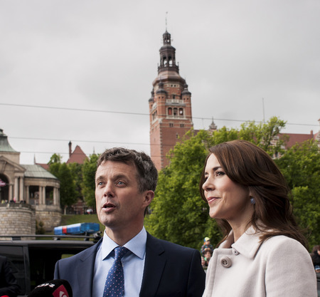 Szczecin, Poland - Mai 14, 2014  Denmark Prince Frederik and Princess Mary visit in Poland  Press conference in harbour In the background National Museum のeditorial素材