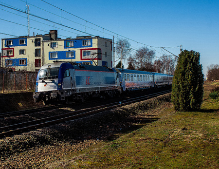 Rzepin, Poland - March 13, 2014  PKP Intercity Express train Warsaw-Berlin at full speed On the back...