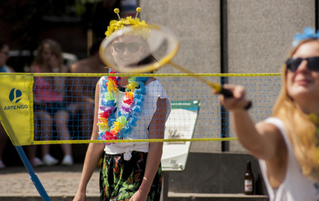 Szczecin, Poland - Mai 23, 2014  Two Young girls Playing Badminton のeditorial素材