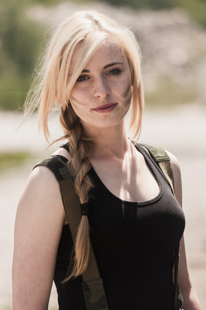 SZCZECIN, POLAND - MAY 31, 2014: Beauty Polish Woman in Army uniform during Historical reenactmentのeditorial素材