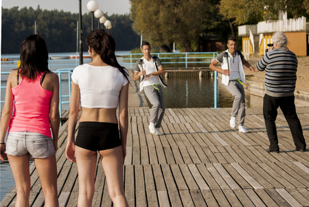 WAGRAWIEC, POLAND - JUNE 21, 2014: Polish Disco band Jurad working during shooting music video clipのeditorial素材