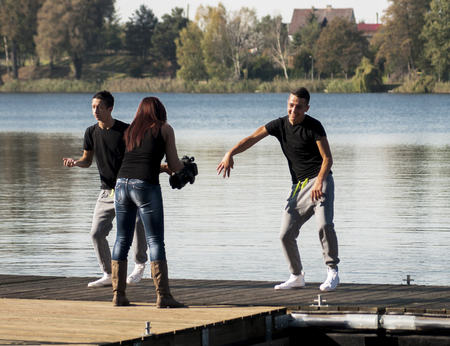 WAGRAWIEC, POLAND - JUNE 21, 2014: Polish Disco band Jurad working during shooting music video clipのeditorial素材