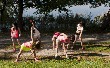 WAGRAWIEC, POLAND - JUNE 21, 2014: Attractive women?s working during shooting music video clip of the polish Disco band Juradのeditorial素材
