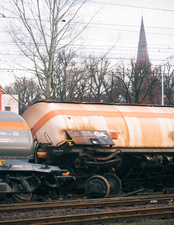 SZCZECIN, POLAND - FEBRUAR 16, 2016: Derailed train in Poland. The train was carrying ammonia.のeditorial素材