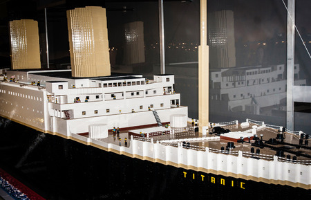 SZCZECIN, POLAND - FEBRUAR 27, 2016: Titanic legendary colossal boat, made by Lego blocks. Lego is a popular line of construction toys popular with kids and collectors worldwide.のeditorial素材