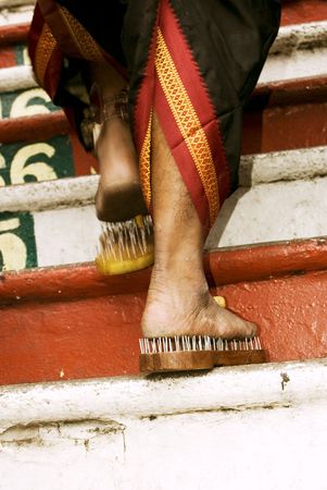 Close up of a devotee's leg at Thaipusam event celebrating Lord Muruganの写真素材