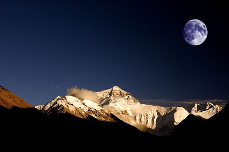 everest mount in sunset with moonの写真素材