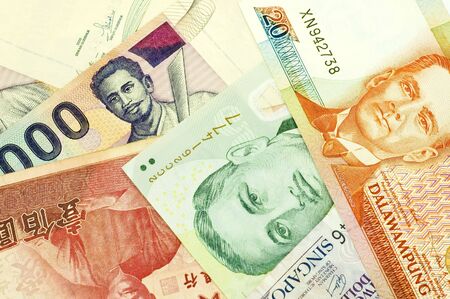 banknotes of Philippine, Singapore, Indonesia, Brunei, Korea and Chinaの写真素材