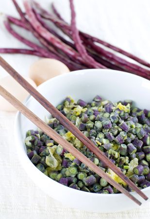 Chinese Long Beans or Yard long beans stir fried with eggs.の写真素材