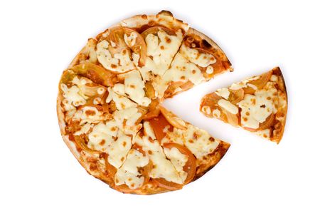 A small Margharita pizza with a slice removed. Studio isolation.の写真素材