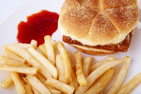 Fish burger and French Fries on plateの写真素材