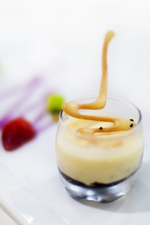 A creamy dessert with crushed pistachio nuts and chocolate ganache, served with fresh caramel fruitsの写真素材