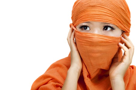 Close up picture of a Muslim woman wearing a veilの写真素材