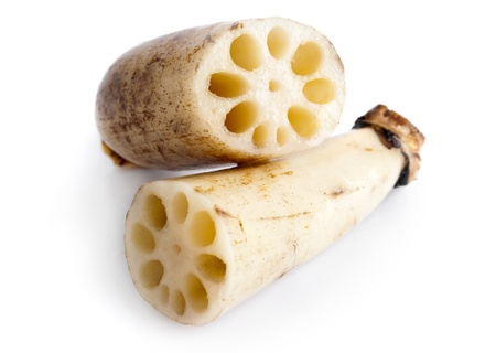 Close up Lotus root on white backgroundの写真素材