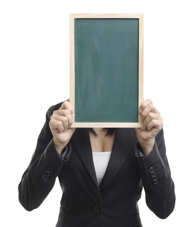 Concept photo of Asian woman holding a blank blackboard, covering her face.の写真素材