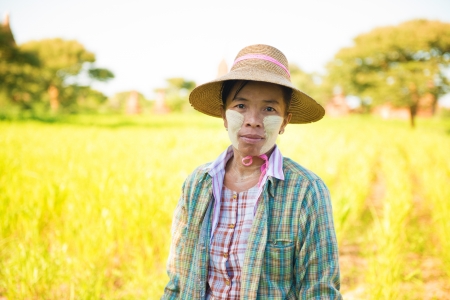 Portrait of a mature Burmese woman with thanaka powdered face who works in the fieldの写真素材