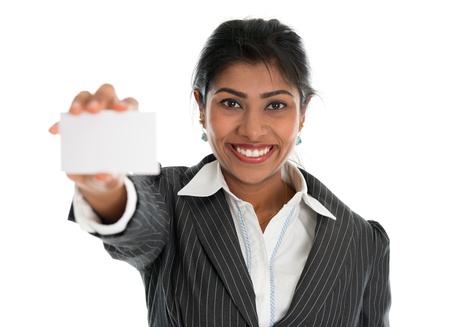 Indian businesswoman shows a blank business card for marketing, Asian woman smiling happy isolated on white.の写真素材