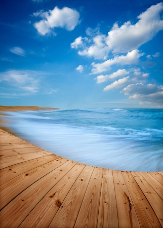 Wooden floor and blue beach in Terengganu, West Malaysiaの写真素材