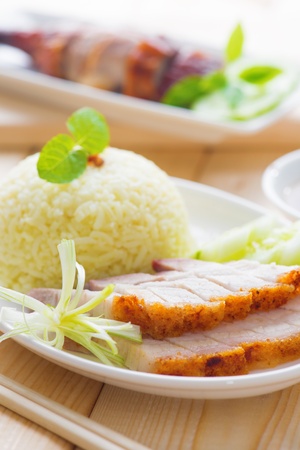 Siu Yuk or Roasted pork Chinese style, served with steamed rice. Hong Kong Chinese cuisines.の写真素材