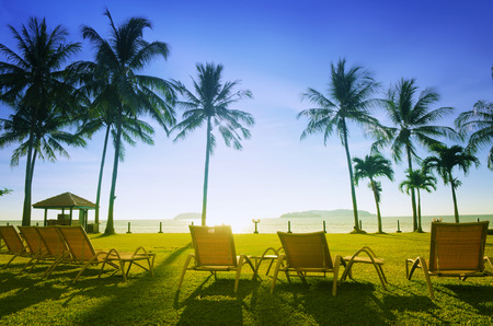 Row deckchairs on beach at sunset, Tanjung Aru, Malaysia.の写真素材