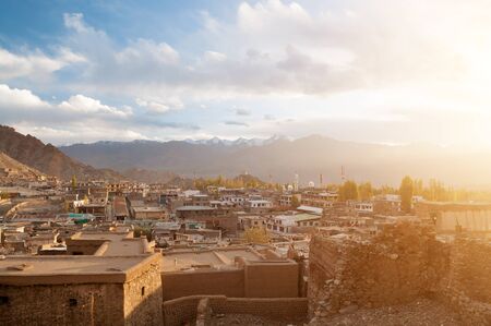 Sunset view of Leh city in falls, the town is located in the Indian Himalayas at an altitude of 3500 meters, North Indiaの写真素材
