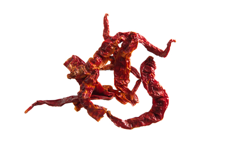 Dried red chili peppers isolated on white background.の写真素材