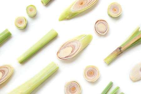 Fresh green lemongrass slices isolated on white background.の写真素材