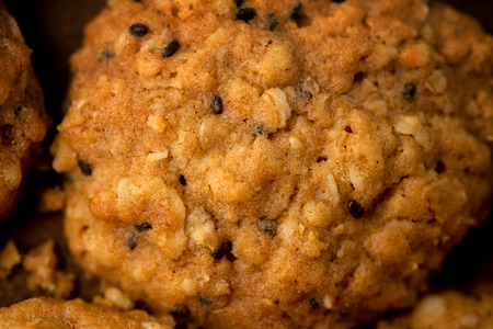 Close up vegan oatmeal chiaseeds cookies with natural light.