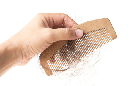 Human hand holding comb with lost hair on it, isolated on white background.の写真素材
