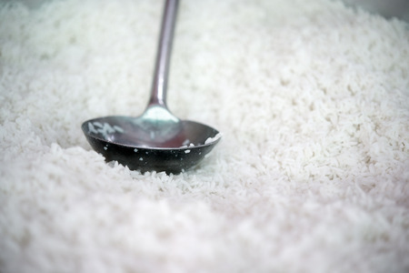 Steamed white rice with ladle.の写真素材