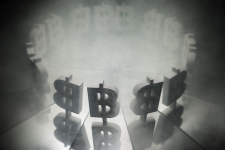 Bitcoin Currency Symbol on Mirror Covered In Smoke With many Reflections of Itself