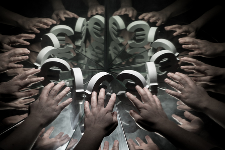 Hands Reaching for European Euro Currency Symbol on Mirror Covered In Smoke With many Reflections of...