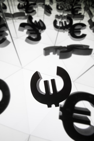 Euro Currency Symbol With Many Mirroring Images of Itself on White Backgroundの写真素材