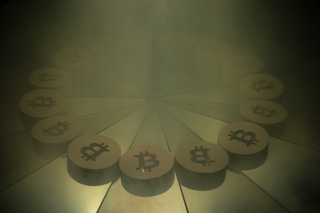 Bitcoin Symbol Multiplied in Mirrors Covered with Heavy Smog Due to the Air Pollutionの写真素材