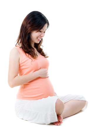 Pregnant woman holding her bellyの写真素材