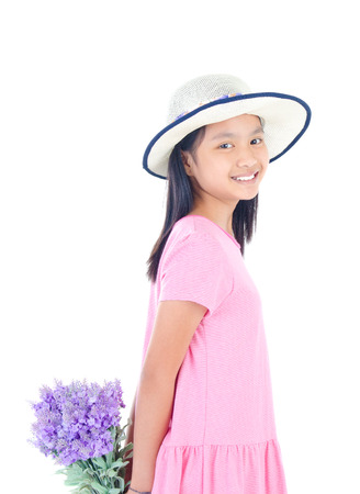 Asian girl holding flowerの写真素材