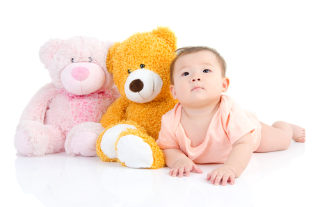 Indoor portrait of lovely asian baby and toysの写真素材