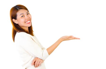 Asian middle aged woman open her armの写真素材